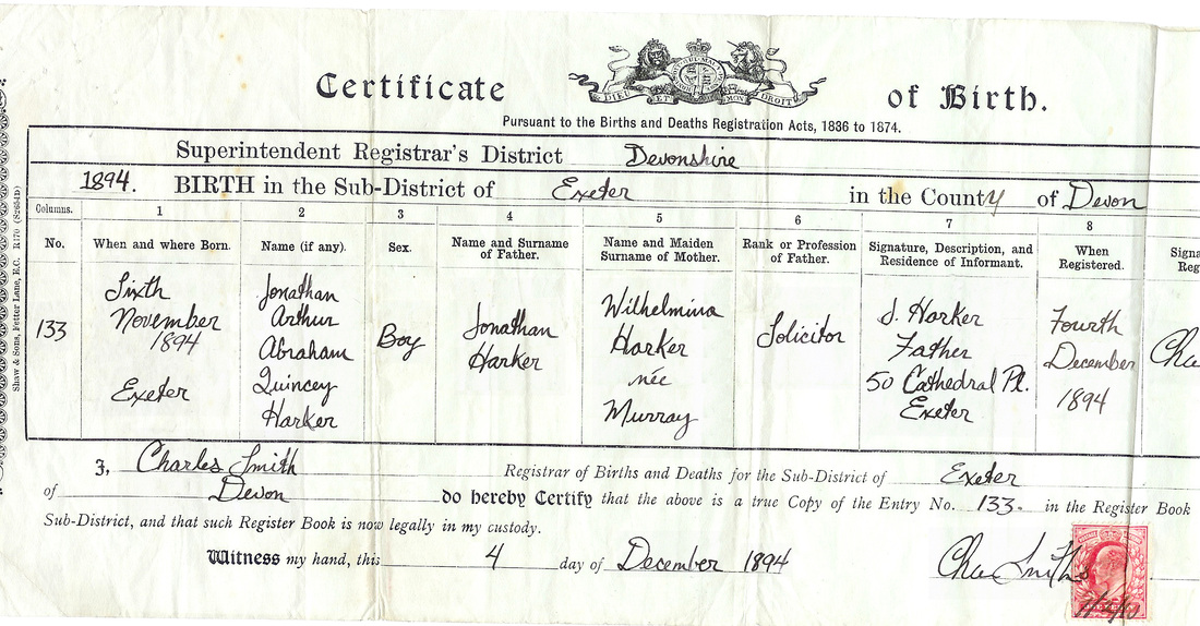 1894 Birth Certificate - Quincey Harker